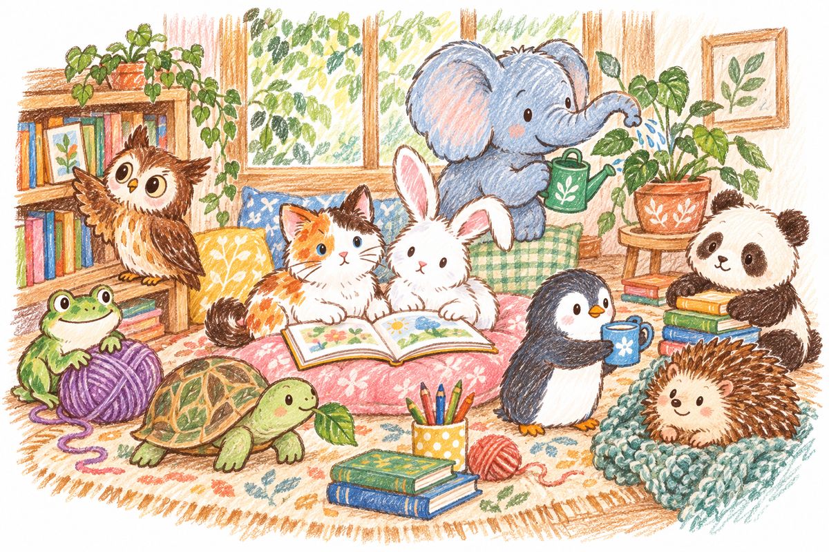 Milo, Pip, Nell, Bao, Fern, Ollie, Moss, Pebble and Hazel spending an afternoon together in a cozy living room